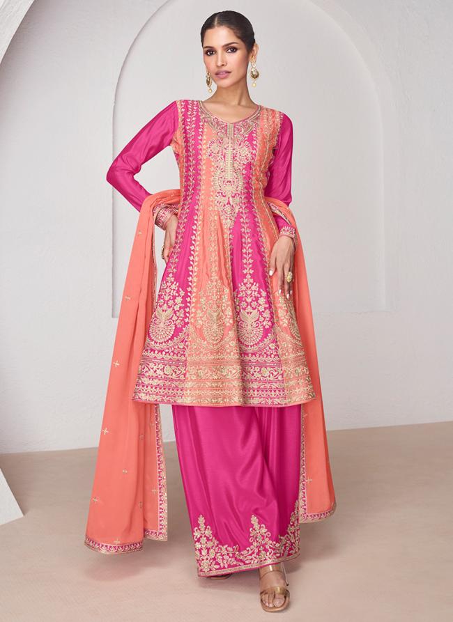 Chinnon Silk Pink Eid Wear Embroidery Work Readymade Palazzo Suit
